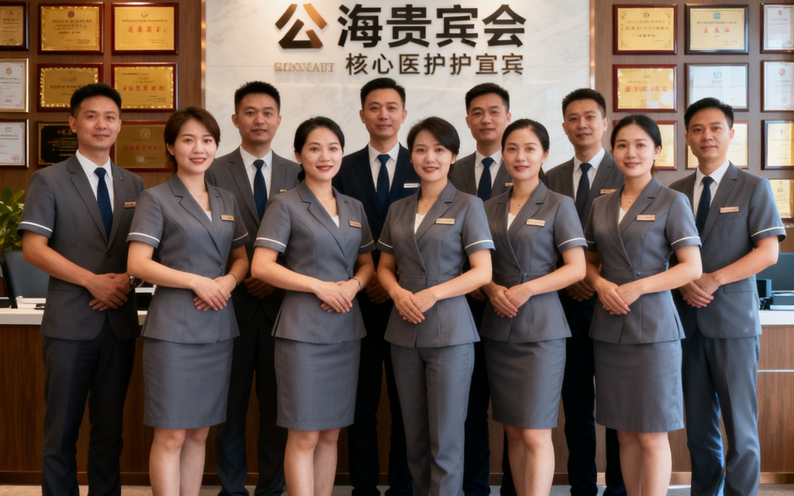 公海贵宾会创始团队与核心医护礼宾成员在总部办公室的合影，背景是公司品牌墙和荣誉奖牌，团队成员身着统一制服，神情自信专业