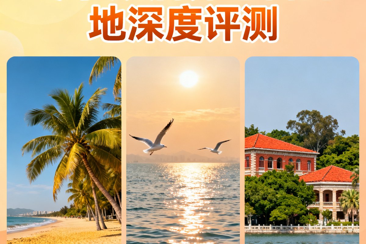 冬季旅居养老目的地深度评测文章的封面图，展示了三亚海滩、昆明滇池和厦门鼓浪屿三地的风景拼图，色调温暖