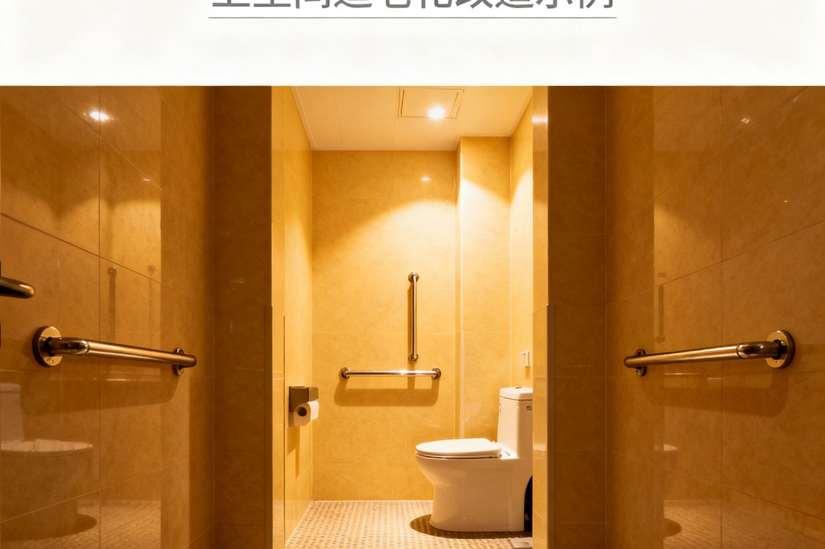 老年贵宾居家安全改造指南封面图，展示了一个经过适老化改造的卫生间，配有防滑地砖和扶手