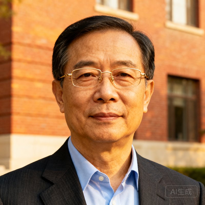 林志远博士的半身肖像照，他约五十岁，戴着金丝眼镜，身穿深色西装搭配浅蓝色衬衫，背景是协和医院的红砖建筑，神情温和而坚定