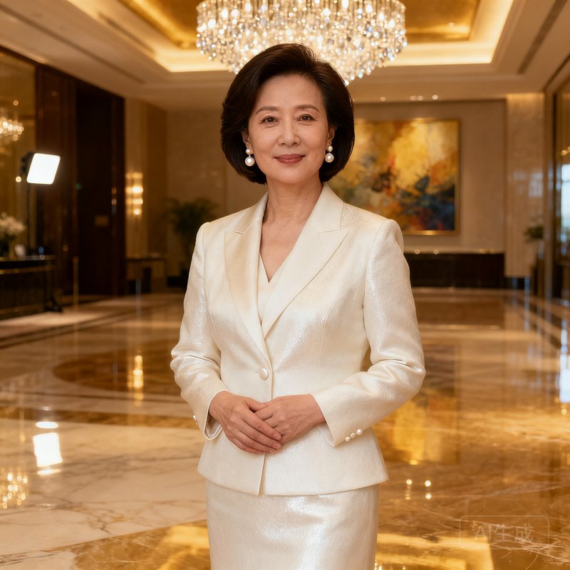 陈雅文女士的职业肖像照，她约四十五岁，身穿米白色职业套装，短发干练，佩戴珍珠耳环，背景是高端酒店大堂，气质优雅从容